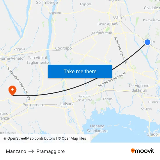 Manzano to Pramaggiore map