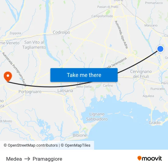 Medea to Pramaggiore map