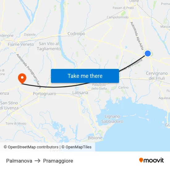 Palmanova to Pramaggiore map