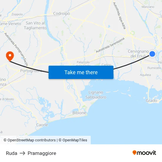 Ruda to Pramaggiore map
