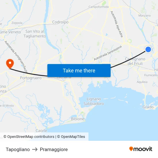 Tapogliano to Pramaggiore map