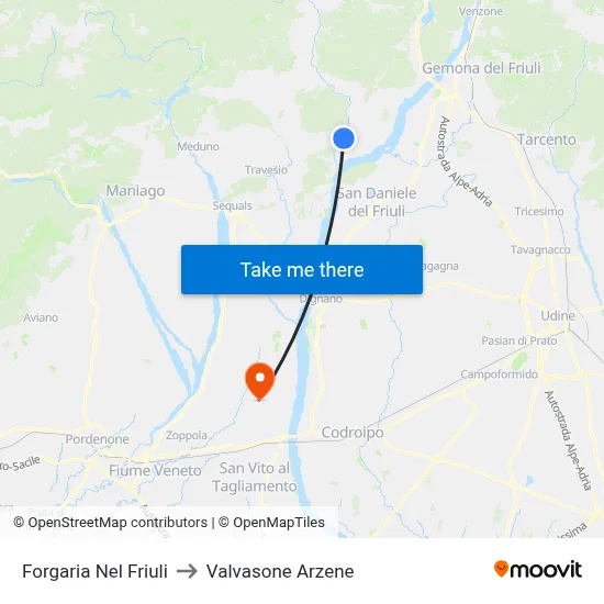 Forgaria nel Friuli to Valvasone Arzene map