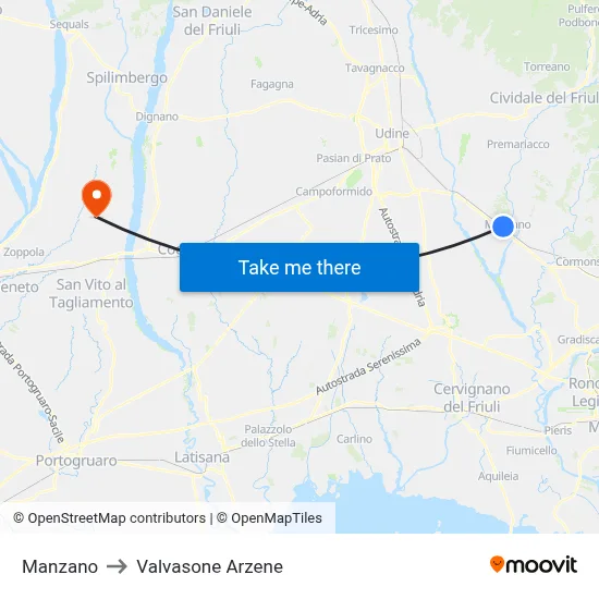 Manzano to Valvasone Arzene map