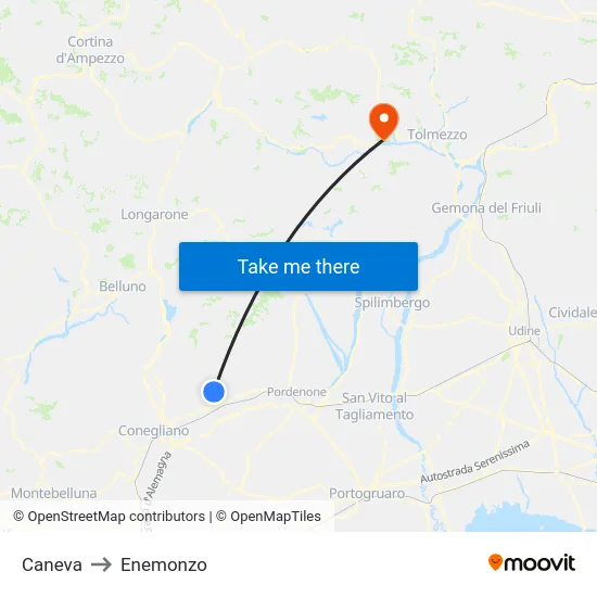 Caneva to Enemonzo map