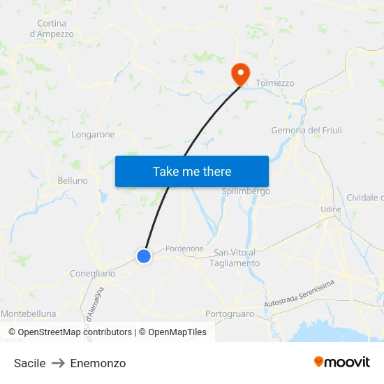 Sacile to Enemonzo map