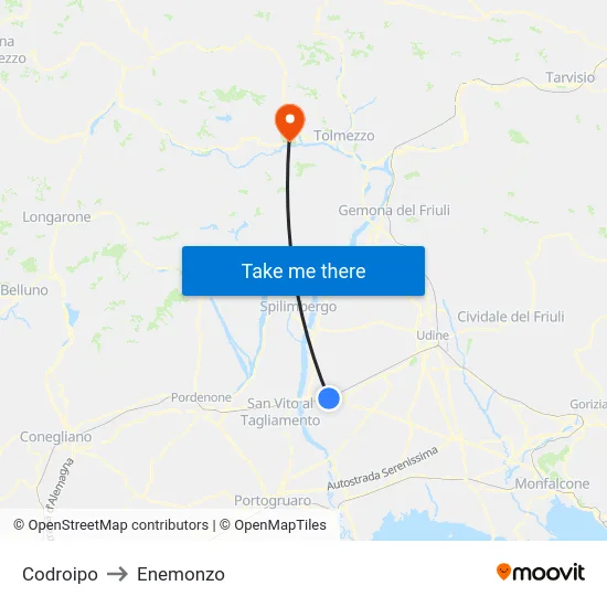 Codroipo to Enemonzo map