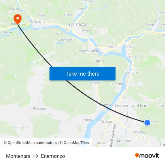 Montenars to Enemonzo map