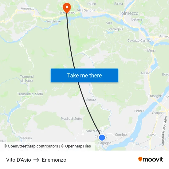 Vito D'Asio to Enemonzo map