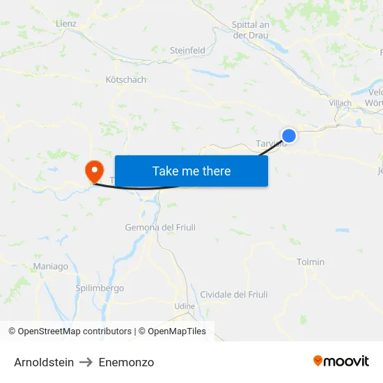 Arnoldstein to Enemonzo map