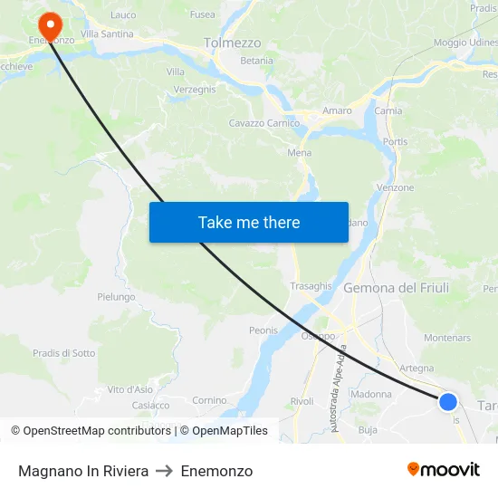 Magnano In Riviera to Enemonzo map