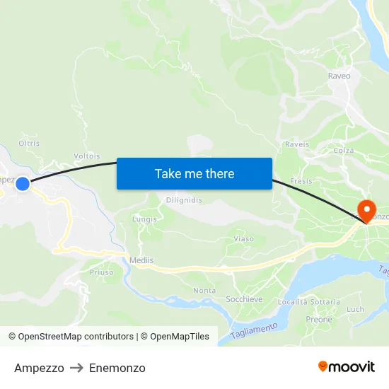 Ampezzo to Enemonzo map