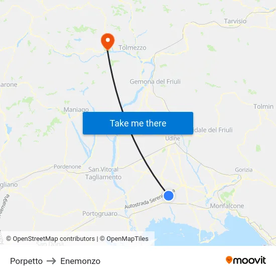 Porpetto to Enemonzo map