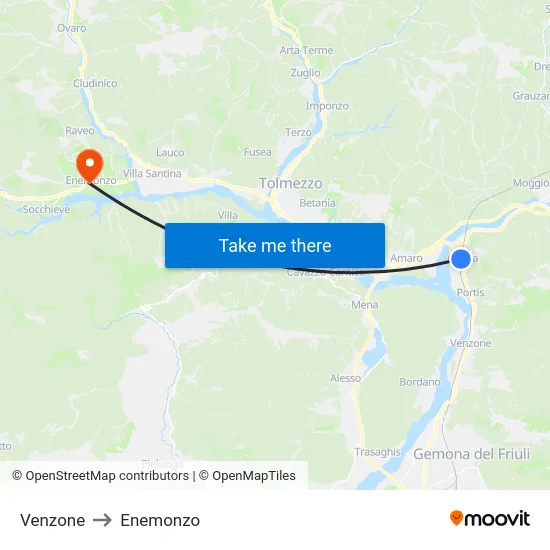Venzone to Enemonzo map