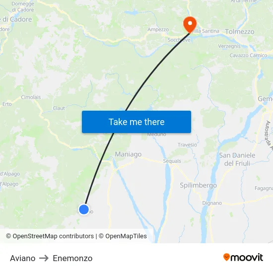 Aviano to Enemonzo map
