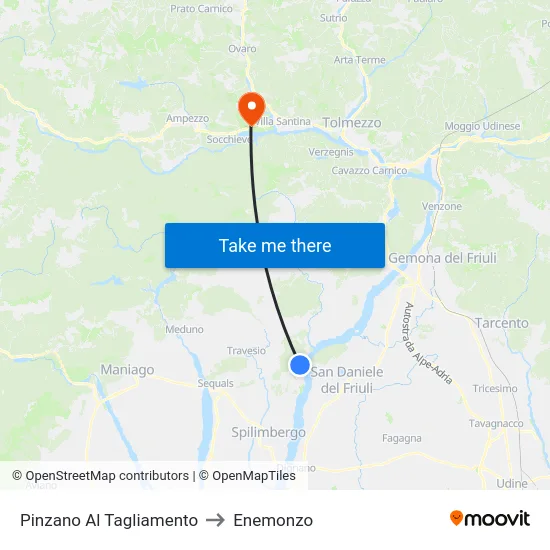 Pinzano Al Tagliamento to Enemonzo map