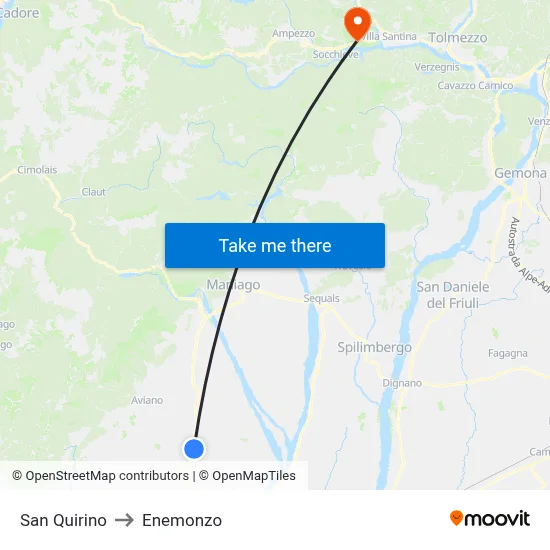 San Quirino to Enemonzo map
