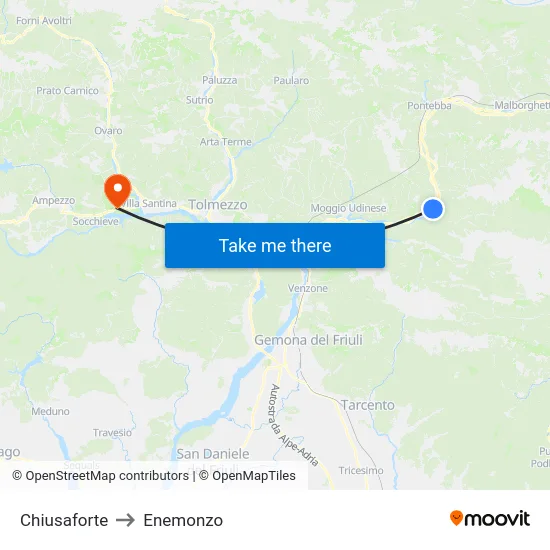 Chiusaforte to Enemonzo map