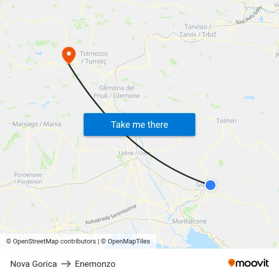 Nova Gorica to Enemonzo map