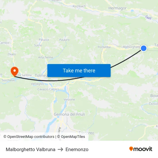 Malborghetto Valbruna to Enemonzo map