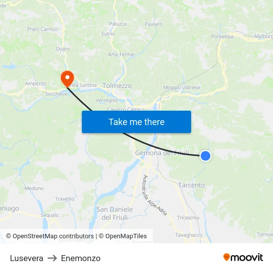 Lusevera to Enemonzo map