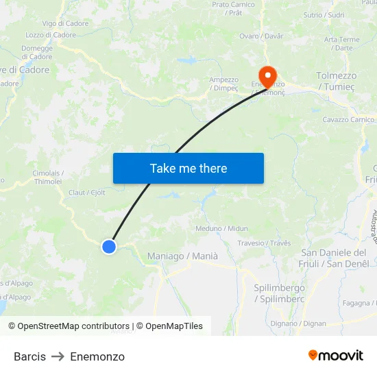 Barcis to Enemonzo map