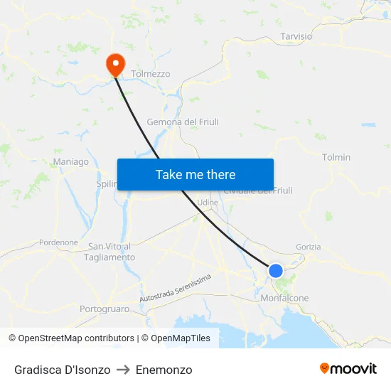 Gradisca D'Isonzo to Enemonzo map