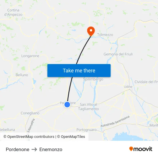Pordenone to Enemonzo map
