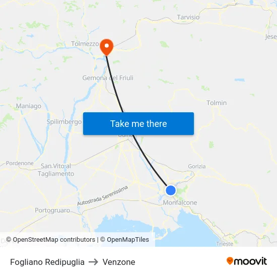 Fogliano Redipuglia to Venzone map