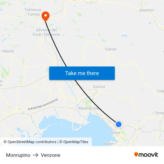 Monrupino to Venzone map