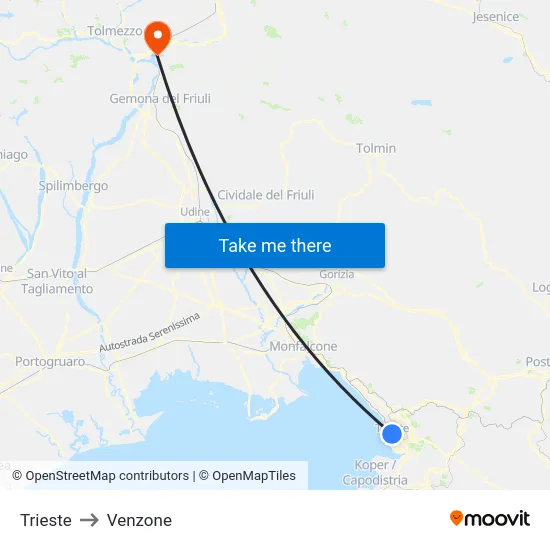 Trieste to Venzone map