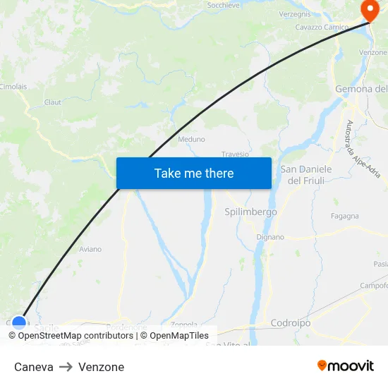 Caneva to Venzone map
