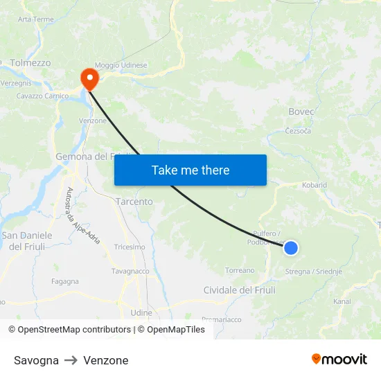 Savogna to Venzone map