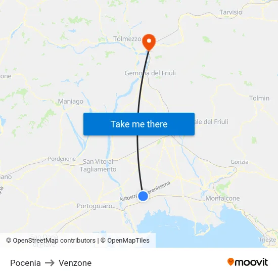 Pocenia to Venzone map
