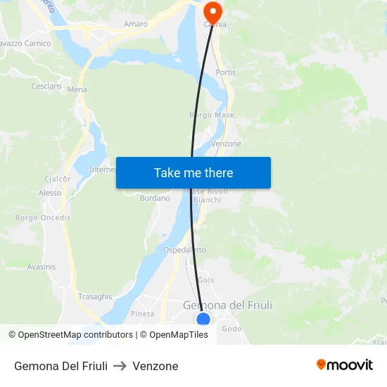 Gemona Del Friuli to Venzone map