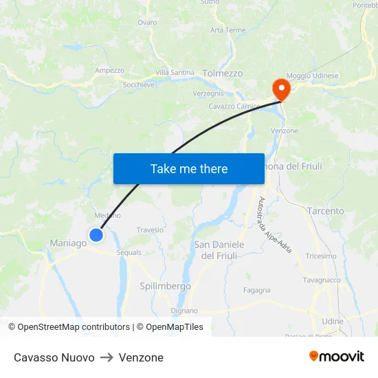 Cavasso Nuovo to Venzone map