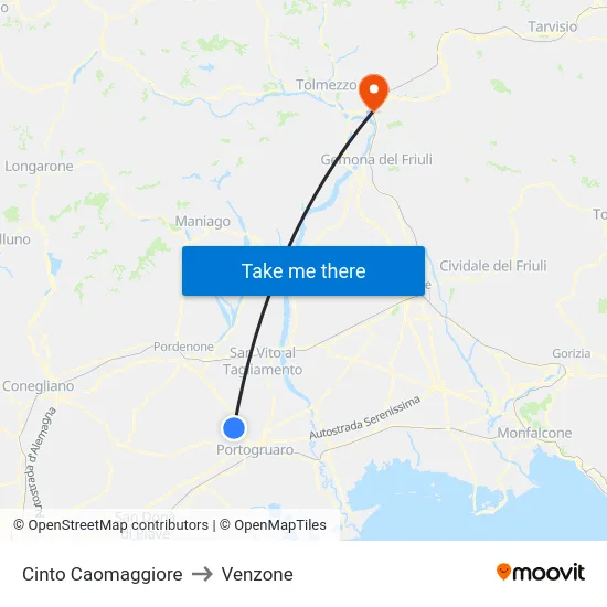 Cinto Caomaggiore to Venzone map