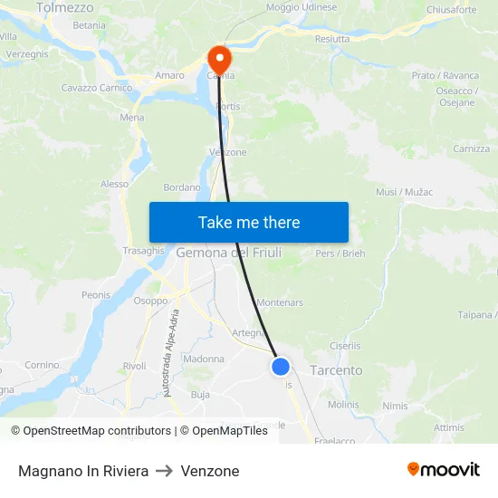 Magnano In Riviera to Venzone map