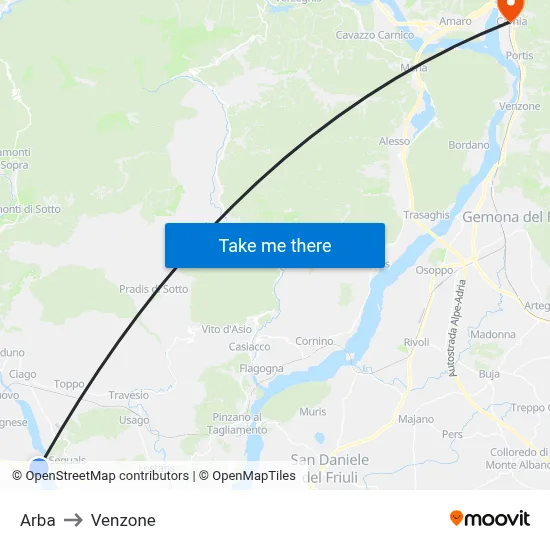 Arba to Venzone map