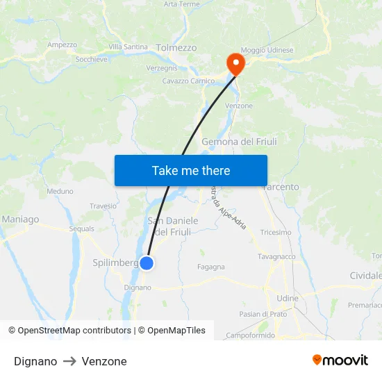 Dignano to Venzone map