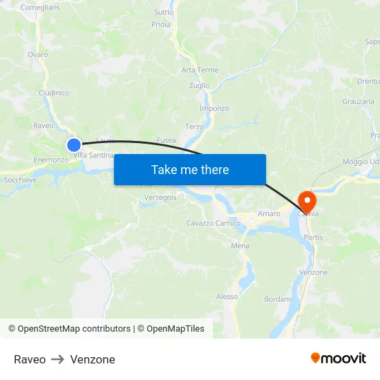 Raveo to Venzone map