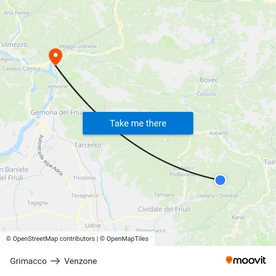 Grimacco to Venzone map
