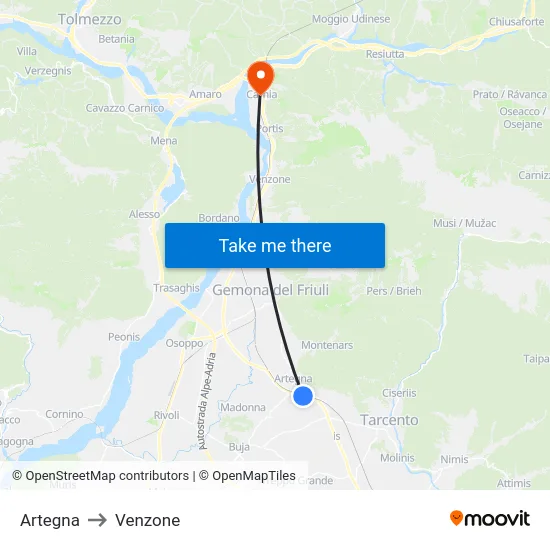 Artegna to Venzone map