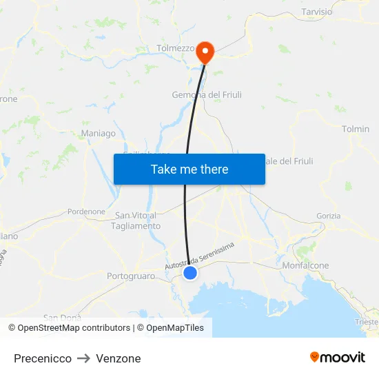 Precenicco to Venzone map
