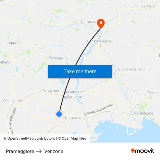 Pramaggiore to Venzone map