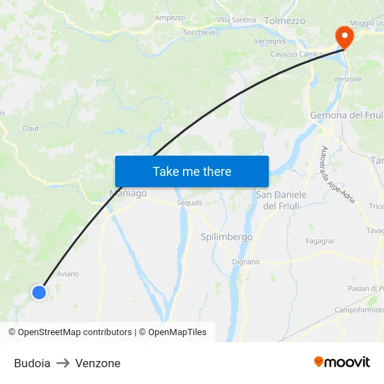 Budoia to Venzone map