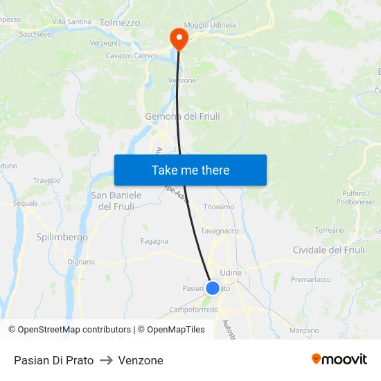 Pasian Di Prato to Venzone map