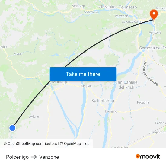 Polcenigo to Venzone map