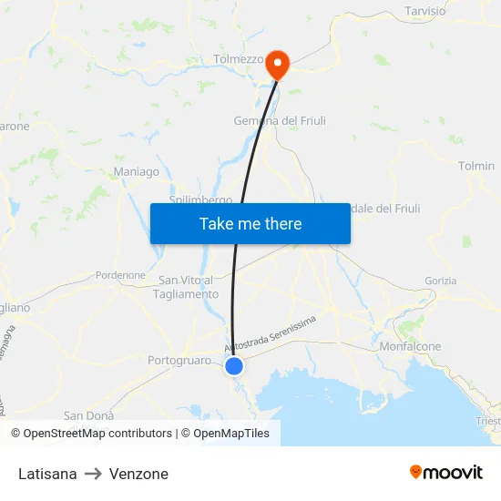 Latisana to Venzone map