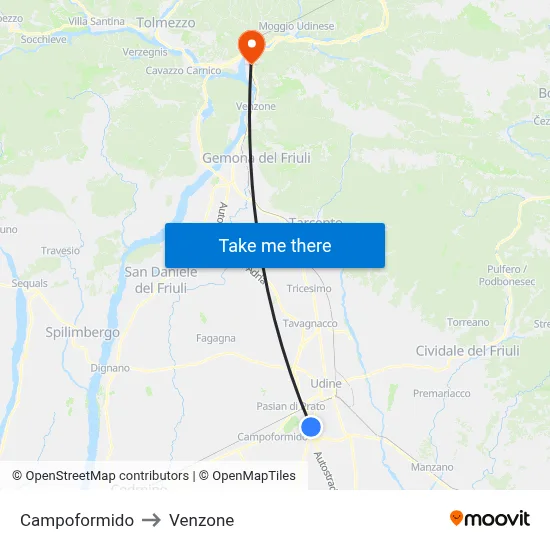 Campoformido to Venzone map