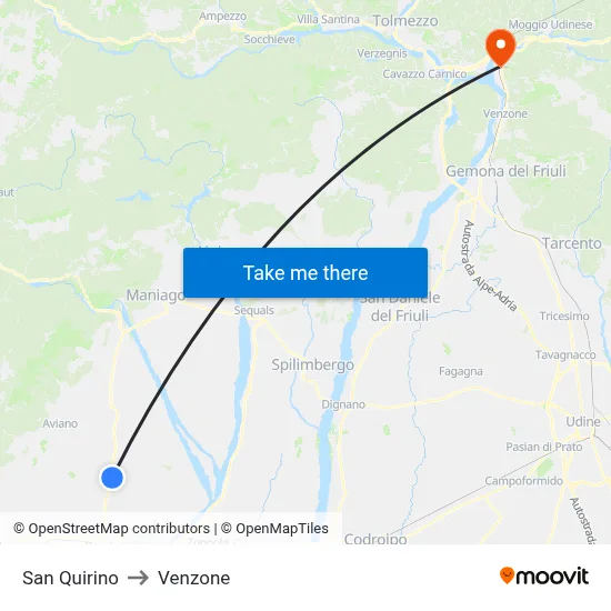 San Quirino to Venzone map